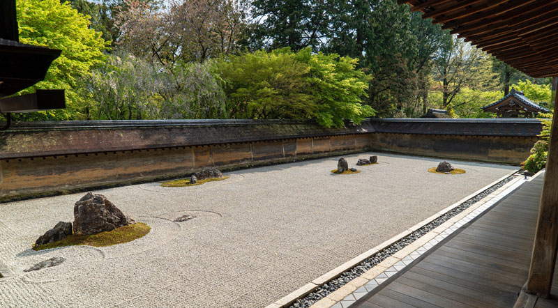 Zen Garten von Mauern umgeben