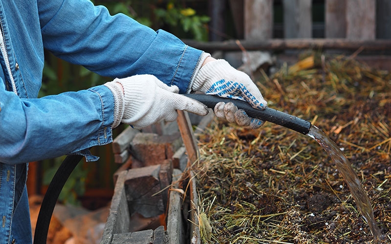 Frau wässert mit Gartenschlauch den Komposthaufen